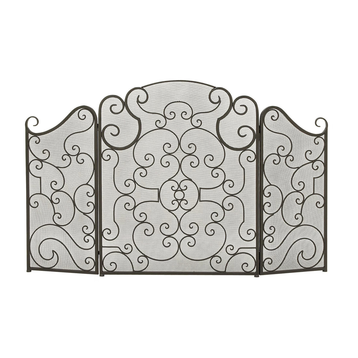 DecMode Black Traditional Metal 3 Panel Foldable Fireplace Screen with Mesh Netting and Scroll Pattens, 52"W x 35"H
