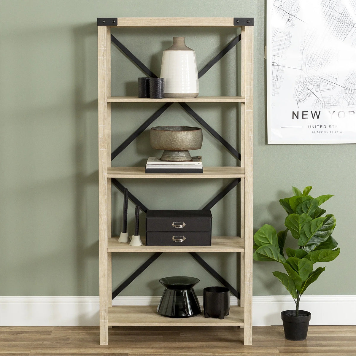 Walker Edison Rustic Industrial 4-Shelf Bookcase, Dark Walnut