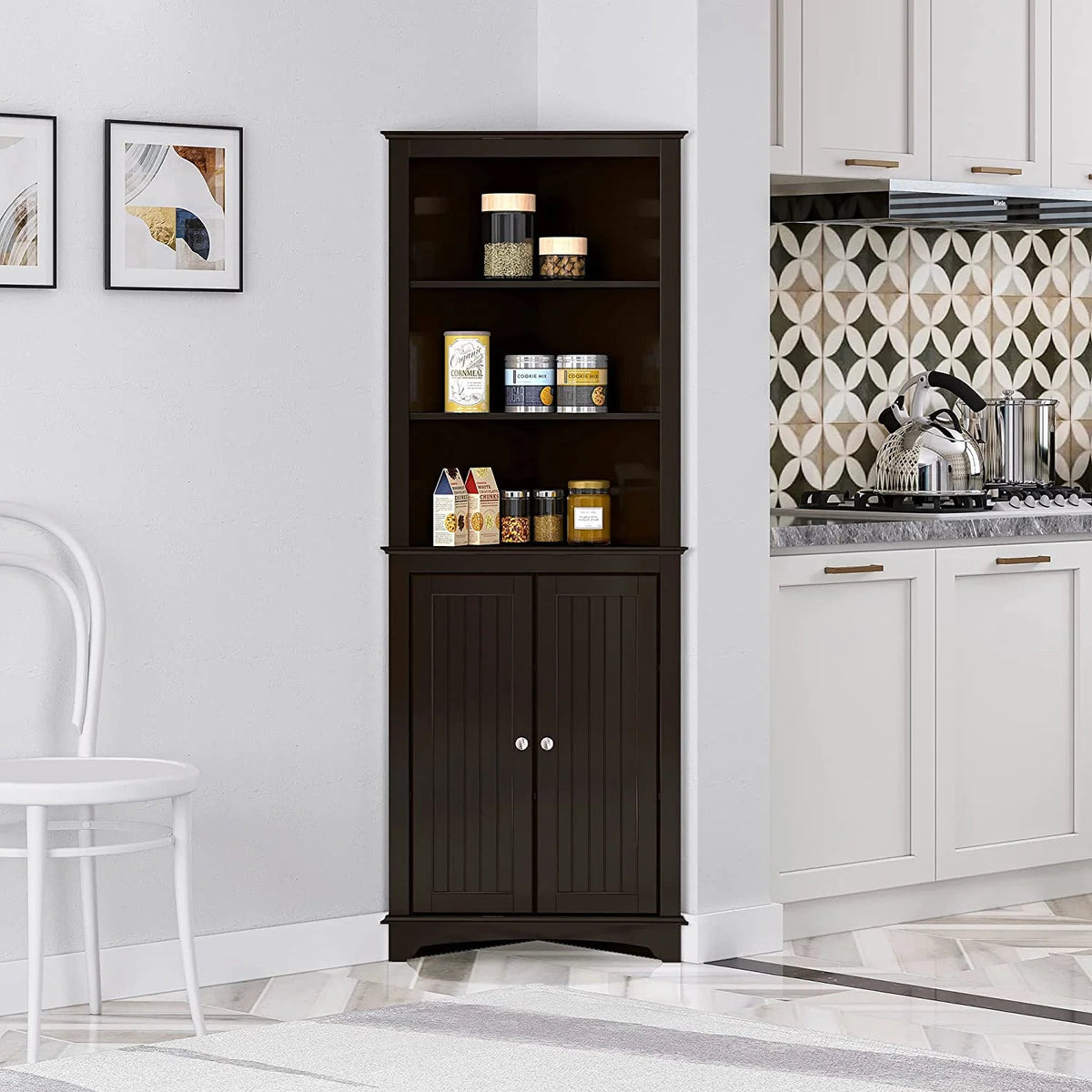 Spirich Tall Corner Cabinet with 2 -Shutter Doors, free-standing floor cabinet, White