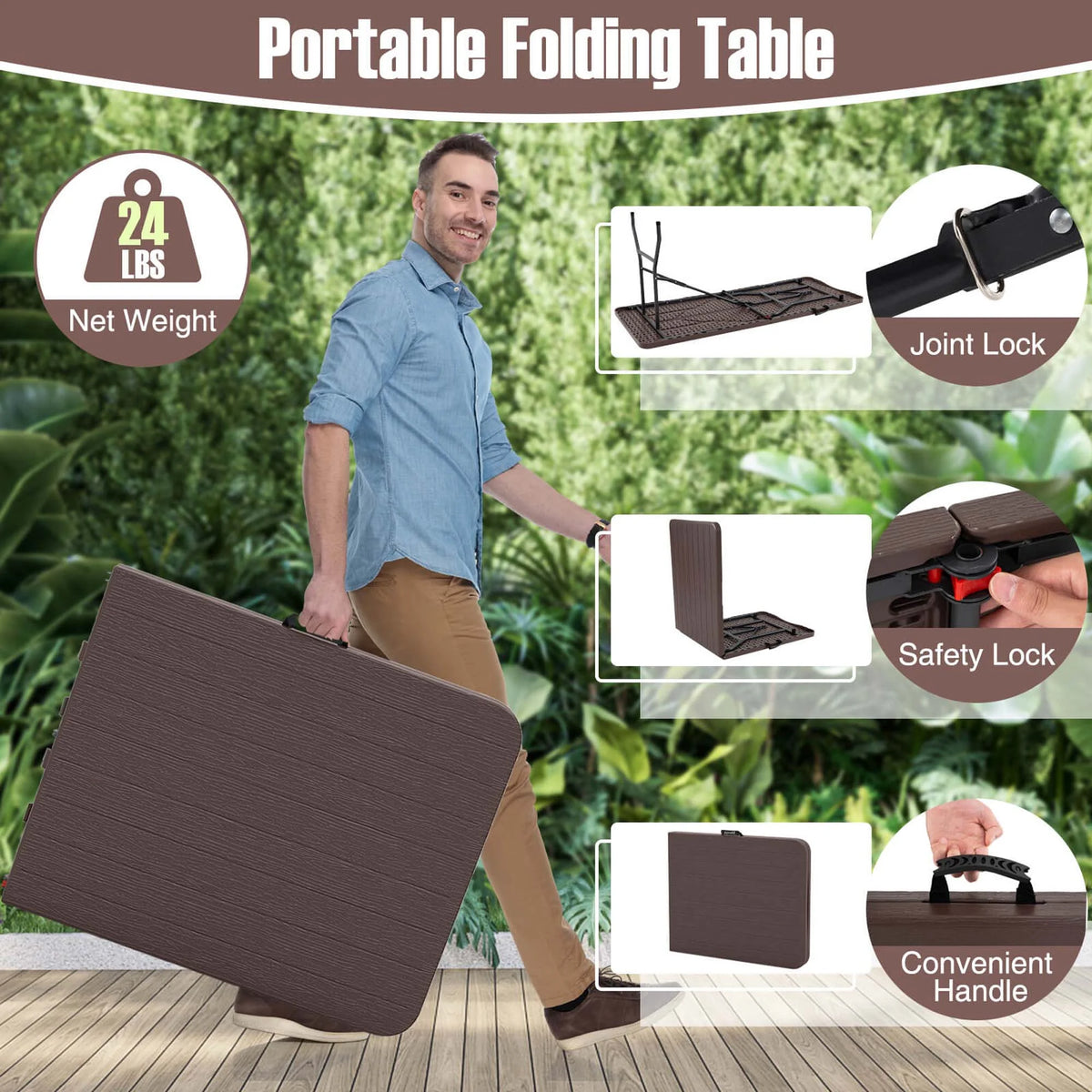 Costway 6 ft Portable Folding Table with Wood Grain HDPE Tabletop Safe Lock Mechanism Gray