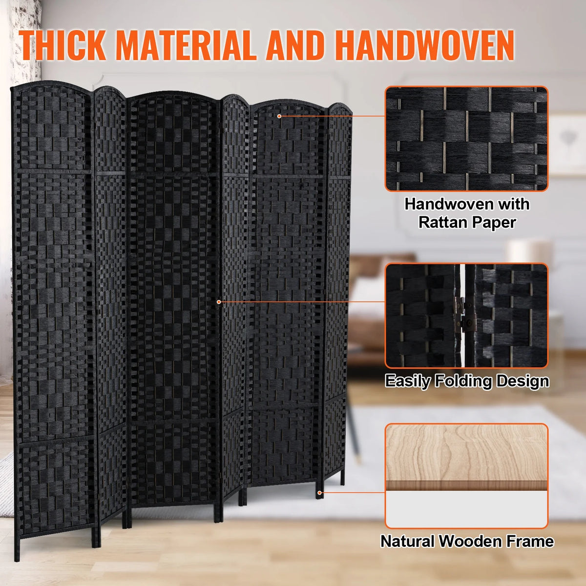 KFFKFF 6-Panel Room Separator, Crafted Folding Privacy Barriers with Connectors, Movable and Self-Supporting Space Dividers and Wall Separator for Space Delineation, Black