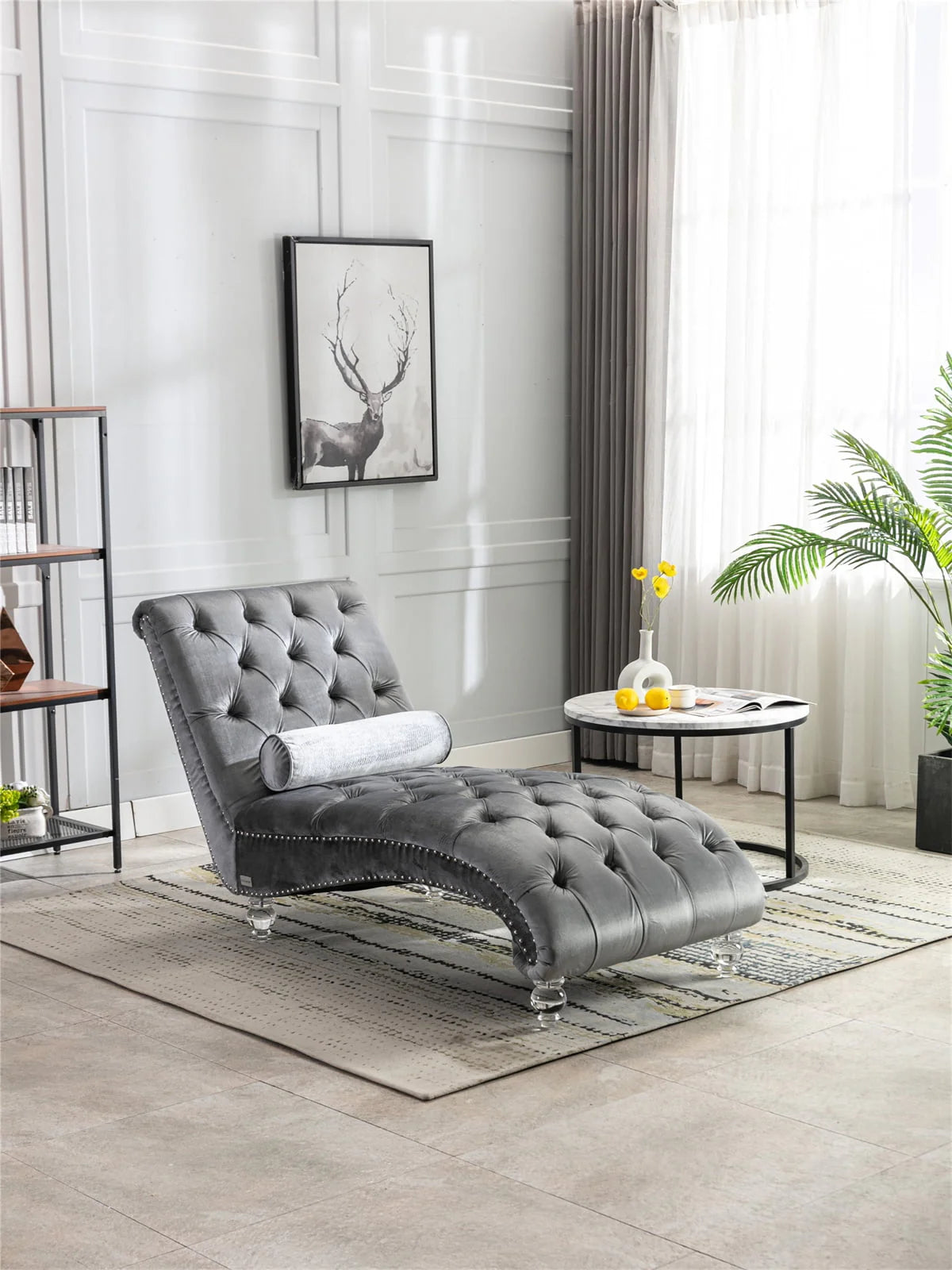 Velvet Chaise Lounge Chair, Modern Button Tufted Lounge Chair with Acrylic Legs and Nailhead Trim, Upholstered Sleeper Chair with Toss Pillow for Living Room Bedroom, Purple