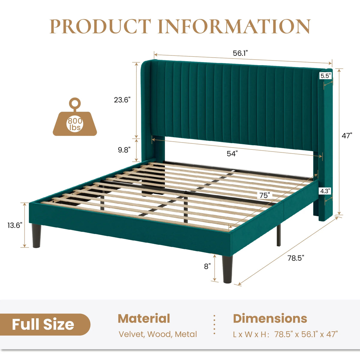 Sha Cerlin Queen Size Upholstered Platform Bed Frame with Velvet Channel Wingback Headboard, Off White