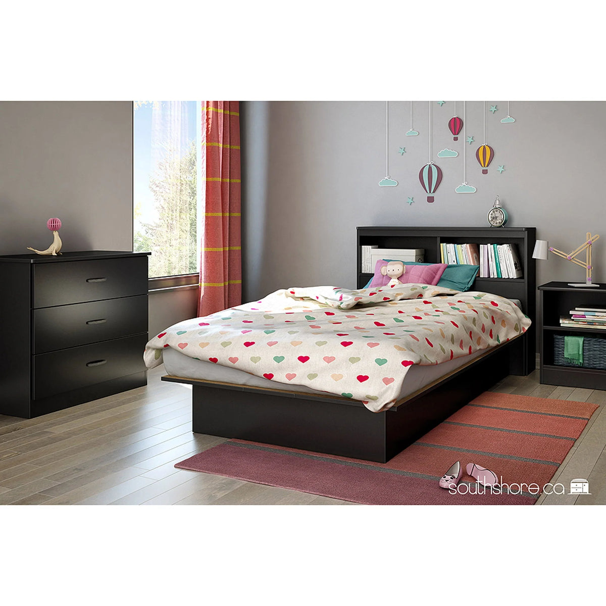 South Shore Smart Basics Twin Bookcase Headboard, Pure Black