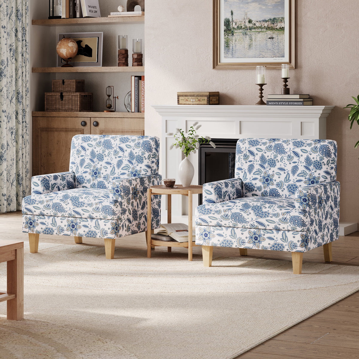 Linsy Home 30" Wide Traditional Tufted Upholstered Armchair Set of 2, Floral Accent Chair For Living Room, Bedroom, Reading, Green