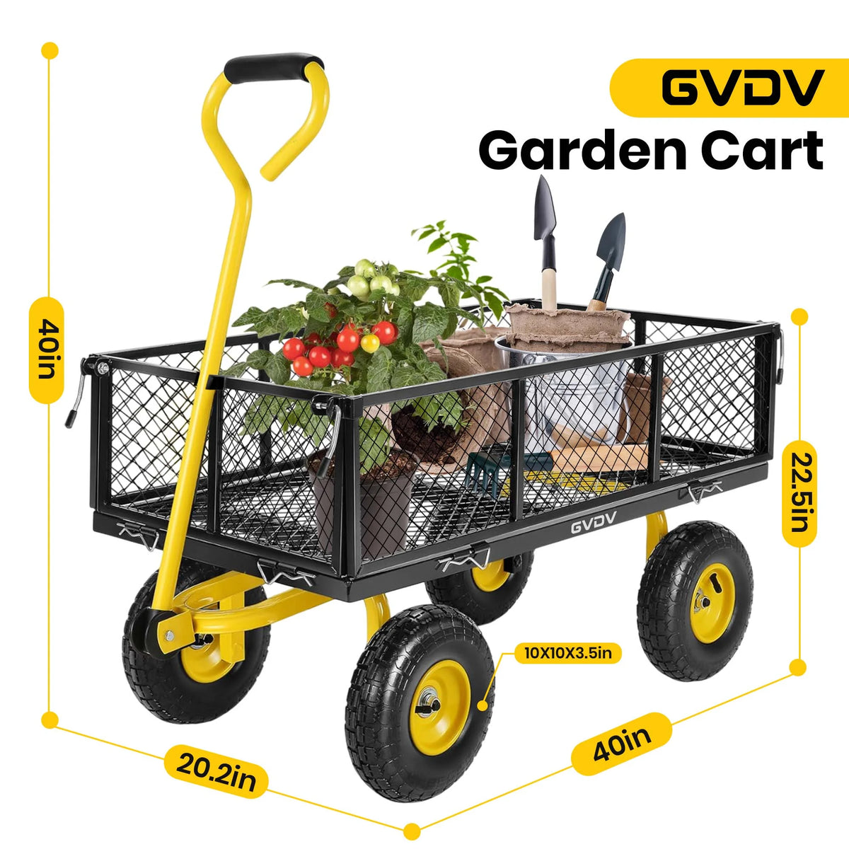 GVDV Heavy Duty Steel Garden Cart with Liner, 660lbs Capacity, 3 Cu ft, 10" All-Terrain Wheels, Black/Yellow �C Durable Utility Cart for Yard Work, Hauling, and Outdoor Use