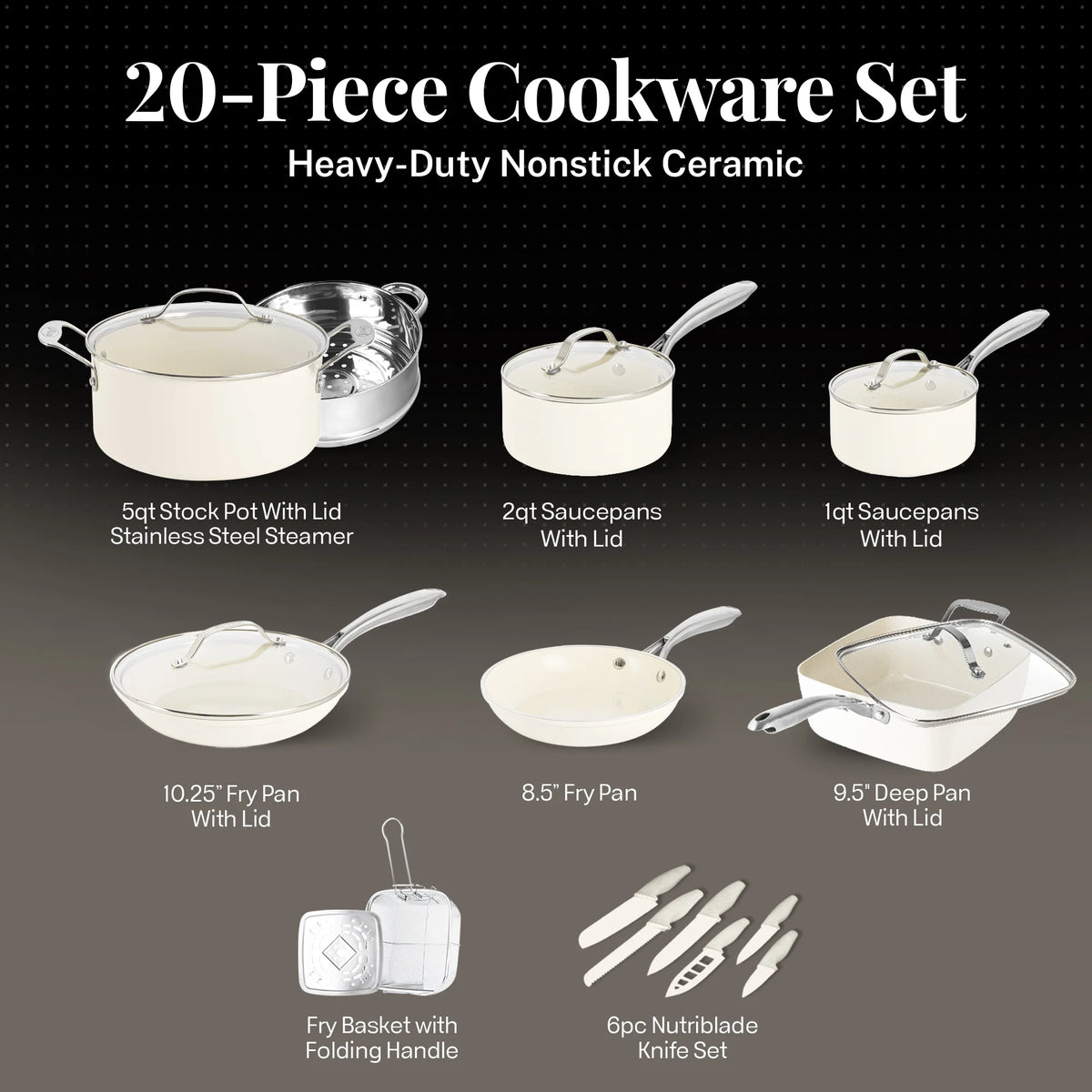 Gotham Steel 20 Pc Ceramic Pots and Pans Set Non Stick, Kitchen Cookware Sets with Knife Set, Pot and Pan Set, Ceramic Cookware Set, Non Stick Pots and Pan Set, Oven and Dishwasher Safe
