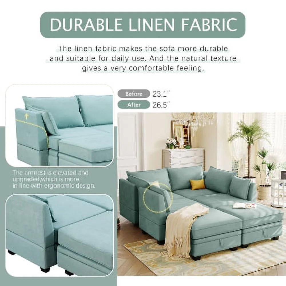 EUROCO 115" Large U/L Shaped Sectional Sofa, 1200LBS 6 Seat Convertible Couch Queen Size Sleeper Bed with Storage Seat and Removable Cushions, Modular Sofa with 2 Stools
