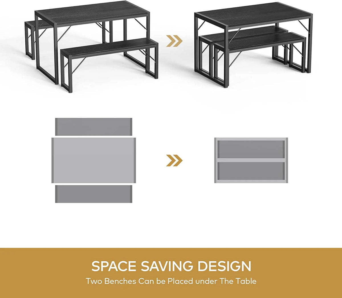 Dining Table Set for 4 People with 2 Benches, Dinette Set, 550lbs, Black