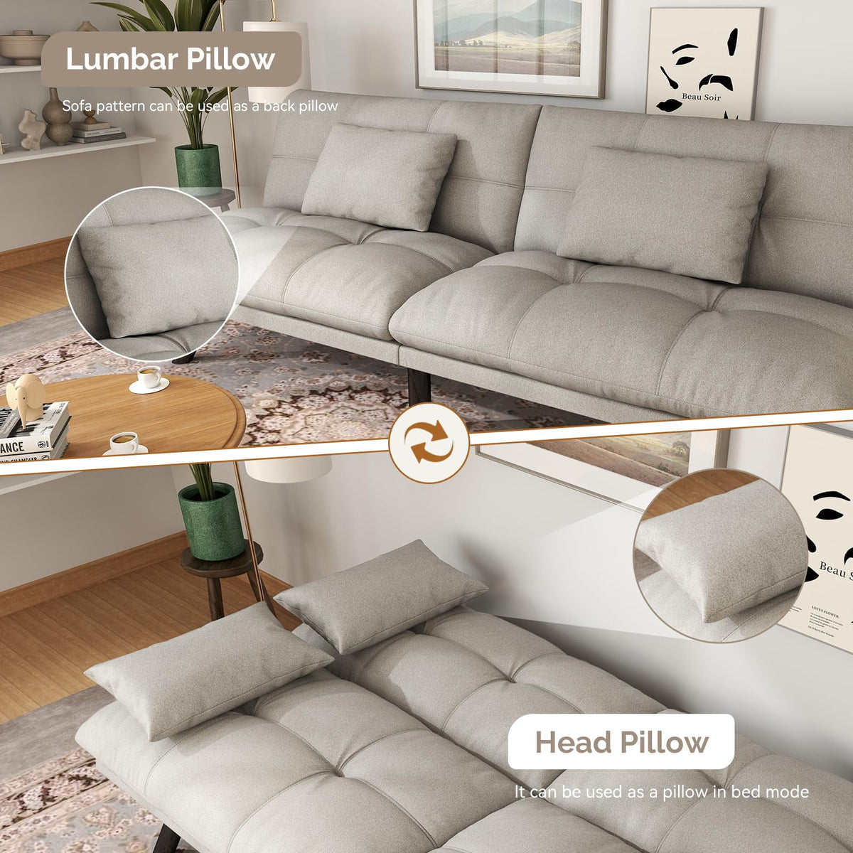 70���� Convertible Futon Sofa Bed Folding Bed Sleeper Couch for Living Room, Small Space or Office, Light Grey