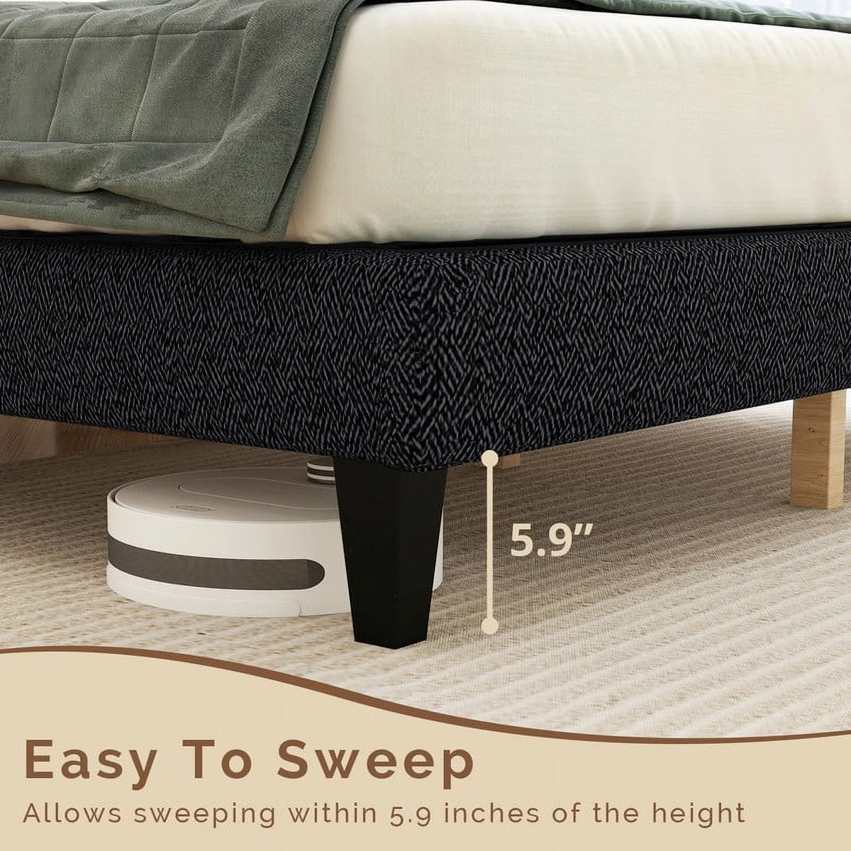 TINKLE WELL Twin Size Platform Bed Frame with Adjustable Headboard, 6" Under-Bed Storage, Solid Wood Frame, No Box Spring Required, 800LB Support, Quiet & Sturdy, Dark Grey
