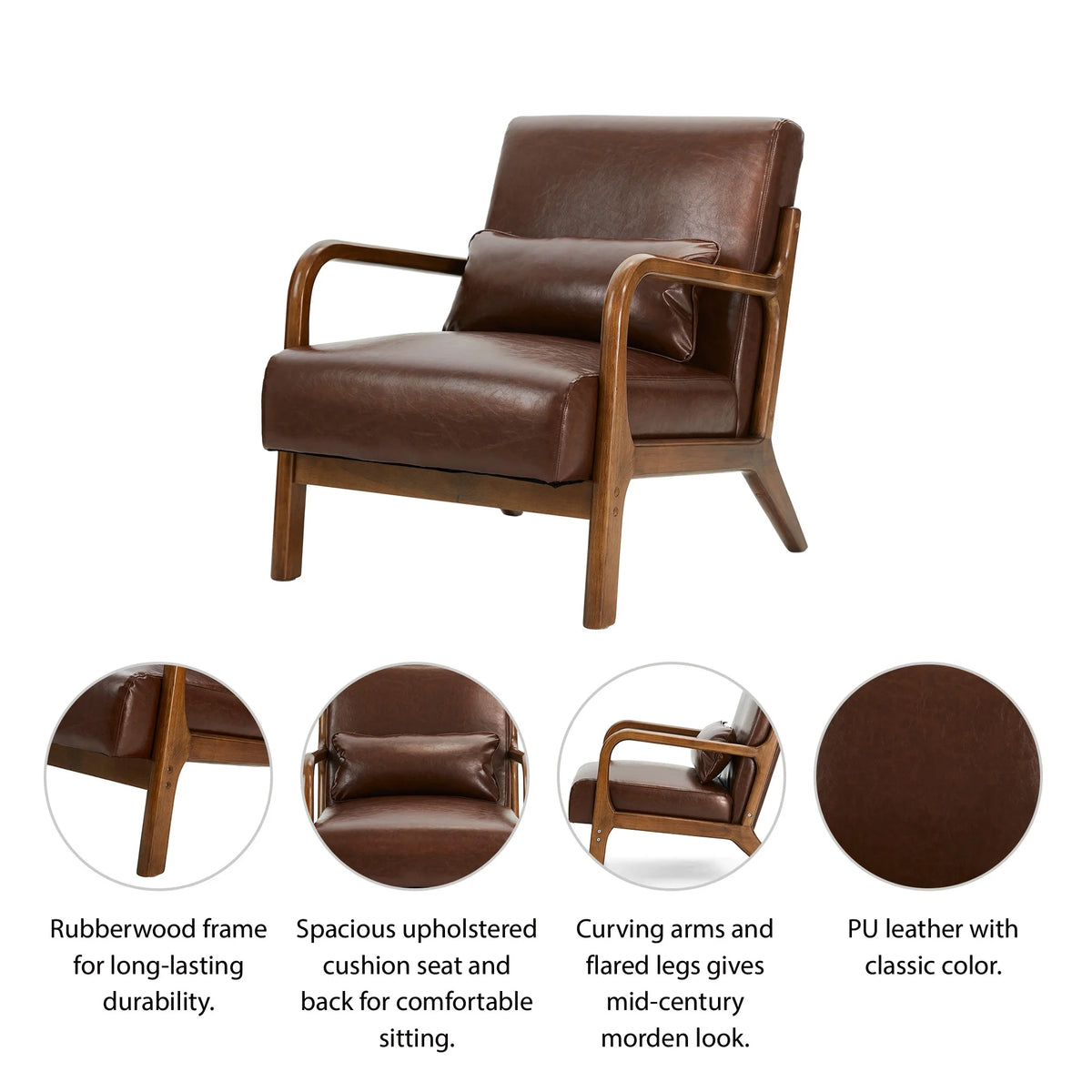 Glitzhome Mid Century Solid Wood Frame Accent Chair Modern Leather Lazy Chair