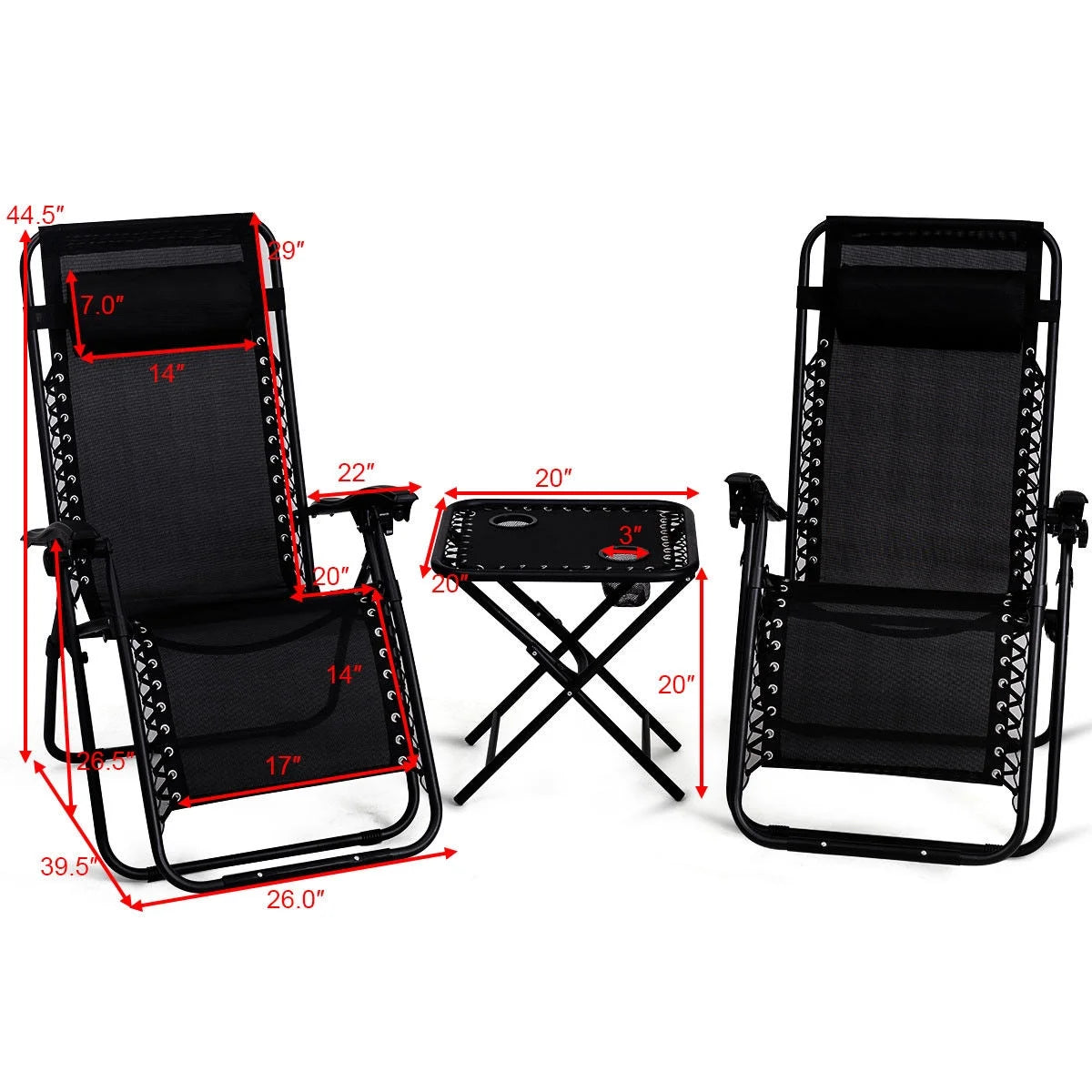 Gymax 3PC Zero Gravity Reclining Lounge Chairs Pillows Table Portable Folding Beige