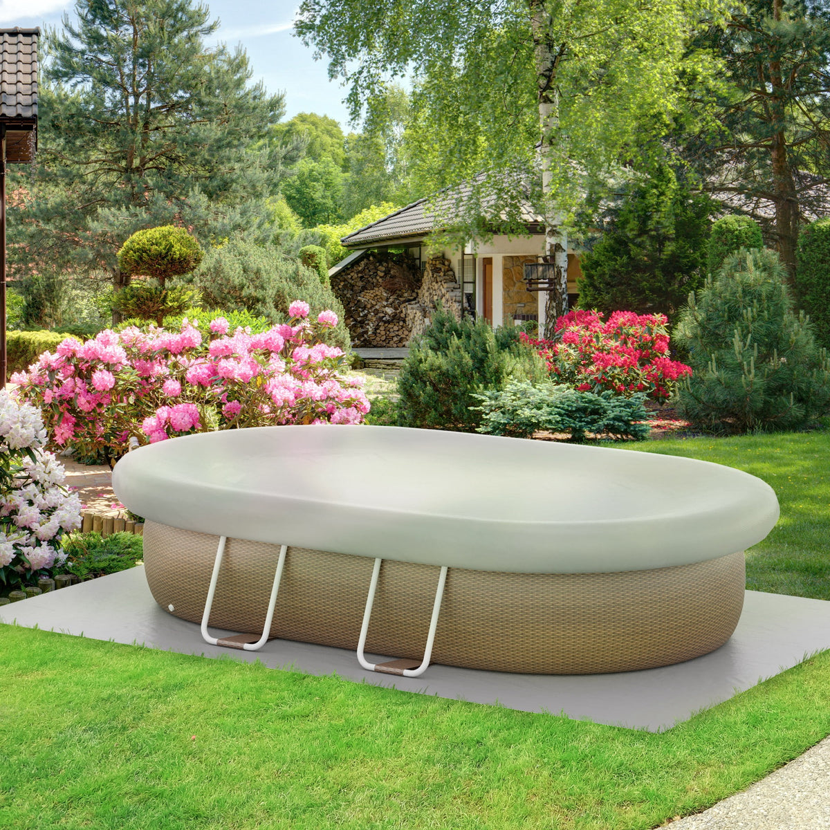 Outsunny Above Ground Swimming Pool, Semi-Inflatable Frame Pool, Brown
