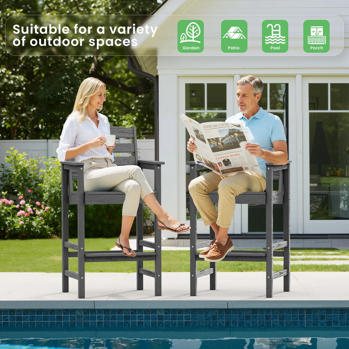 SERWALL Tall Adirondack Chairs and Table 3 Pieces Set, Adirondack Bar Height Chairs Set of 2 and Bar Table, Outdoor Barstools Set for Balcony, Poolside, Backyard, Grey