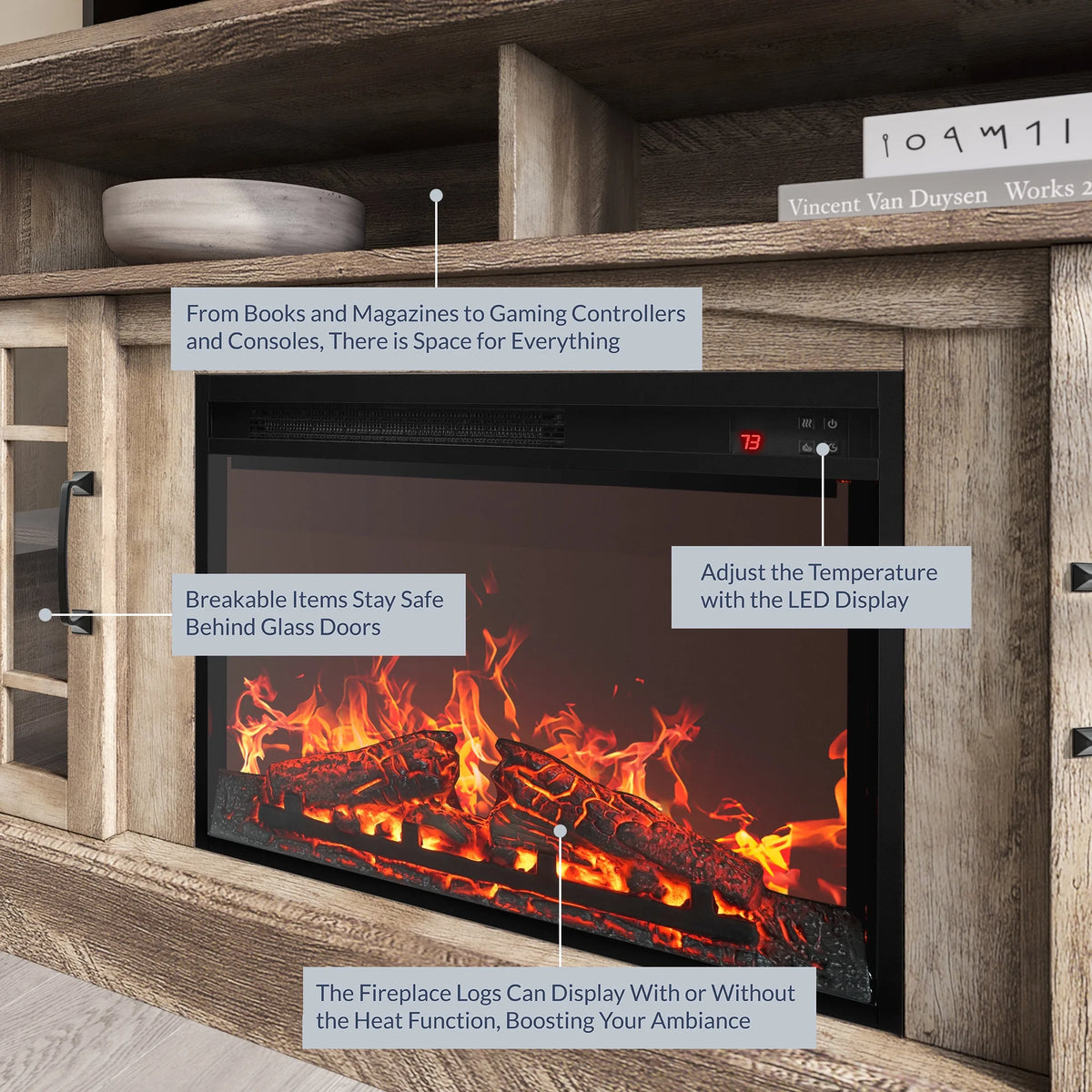 BELLEZE 58" TV Stand with 23" Electric Fireplace, Fireplace TV Console for TVs up to 65", Home Entertainment Center with Storage Cabinet and Adjustable Shelves - Astorga (Gray Wash)
