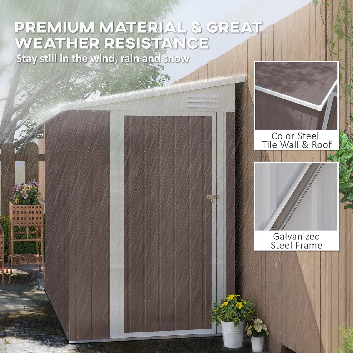 Outsunny 4' x 7.7' Steel Garden Storage Shed Lean to Shed Outdoor Metal Tool House with Lockable Door & Air Vents for Backyard Patio Lawn, Brown