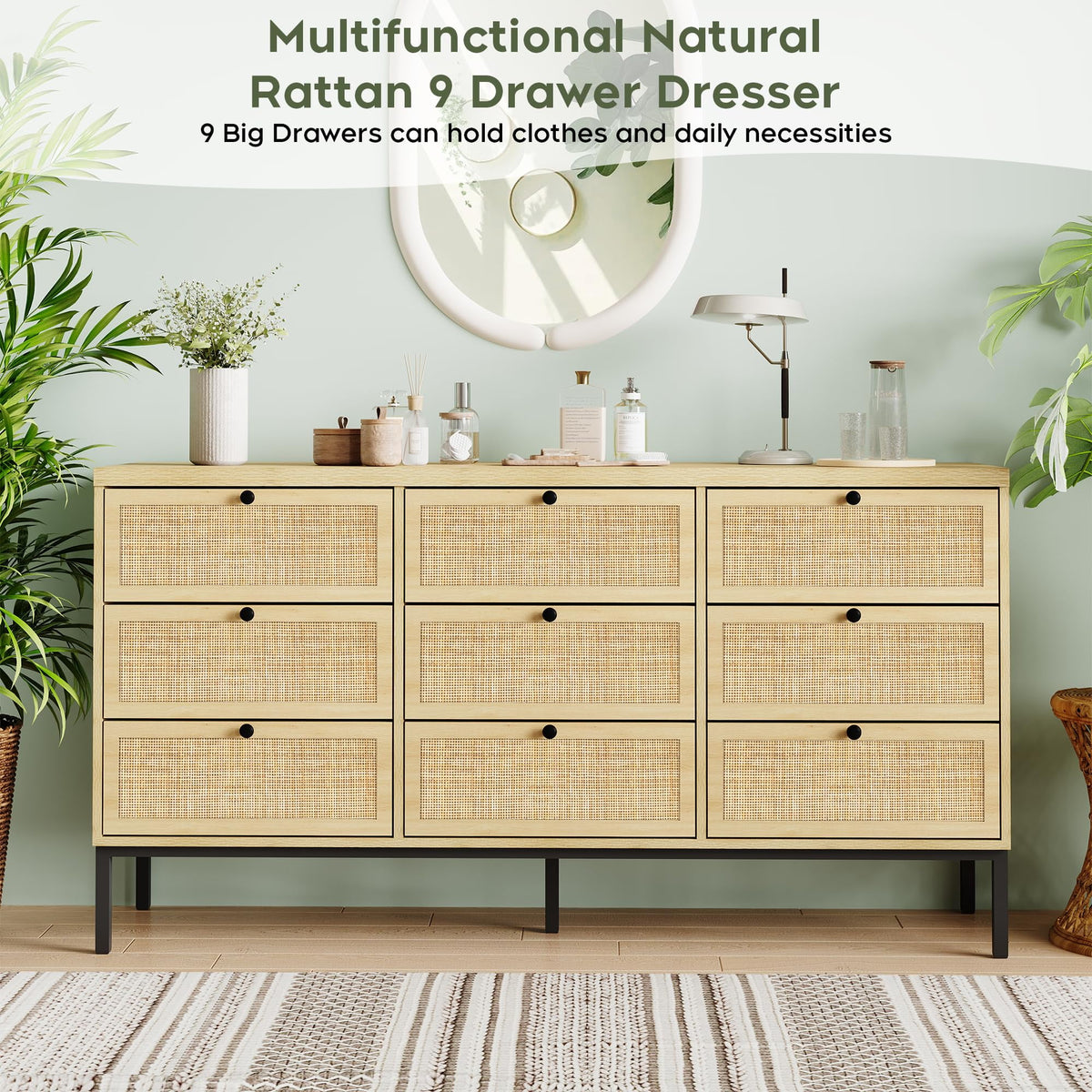 Brafabhome Rattan 6 Drawers Dresser for Bedroom, Vintage Boho Double Dresser Wicker Chest with Wooden Legs for Living Room Hallway| Mint