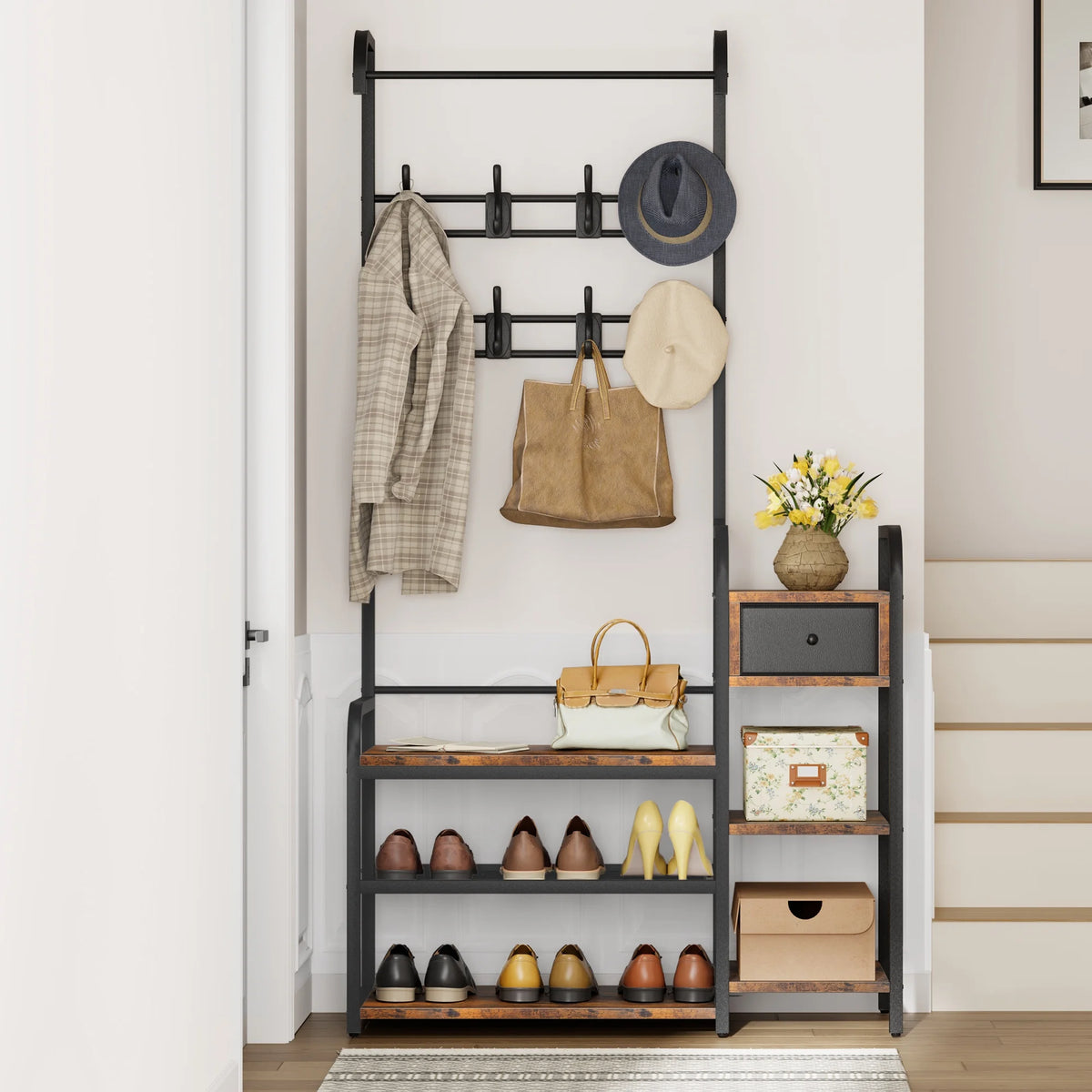 Zzistar Hall Tree Storage Bench, Coat Rack Shoe Bench with Storage Drawer, 5 in 1 Coat Tree Storage Shelf with 8 Hooks