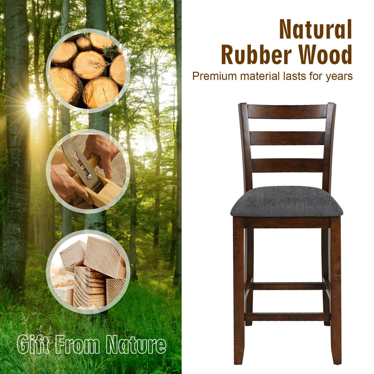 Gymax Set of 2 Barstools Counter Height Chairs w/Fabric Seat & Rubber Wood Legs