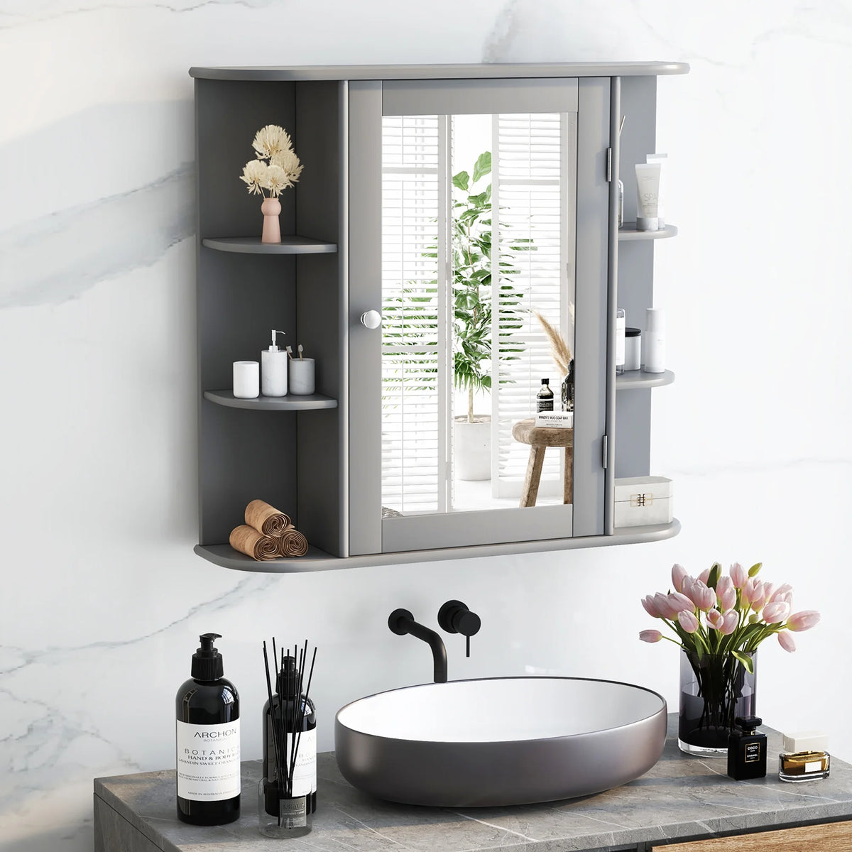 Costway, White, Medium Density Fiberboard, Multipurpose Mount Wall Surface Cabinet Mirror Glass, 26.00 x 6.50 x 23.50 Inches