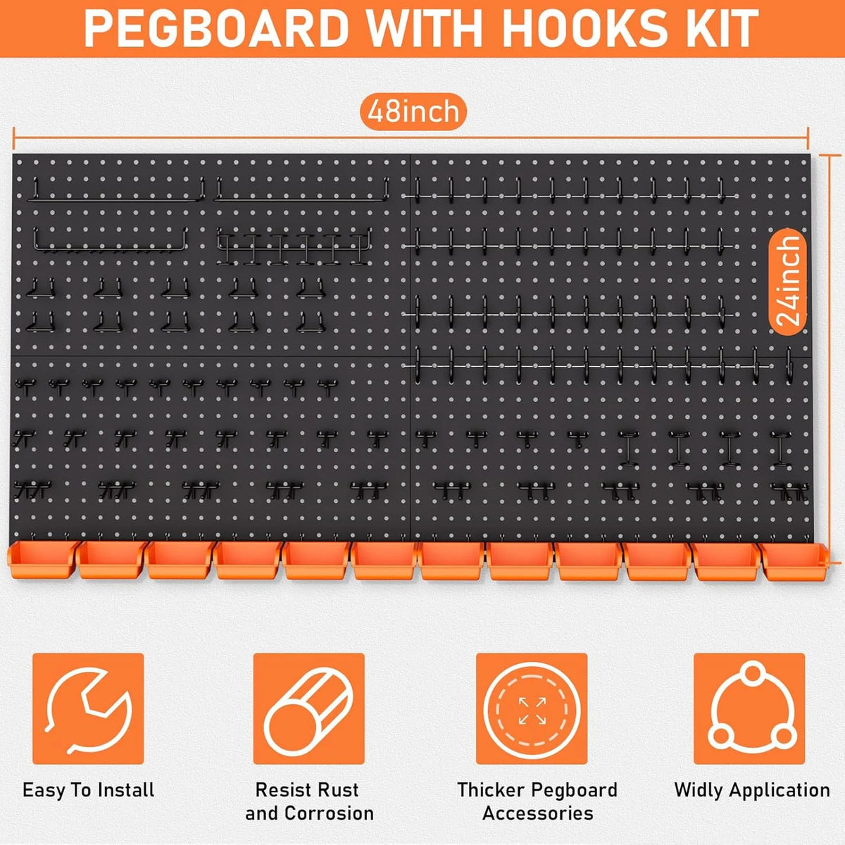 48x24 Inch Metal Peg Board Kit with 1/4" Pegboard Hooks Accessories, 160PCS Black Pegboard Wall Organizer Pegboard Panels Tool Organizer Storage System for Garage Workbench Shed