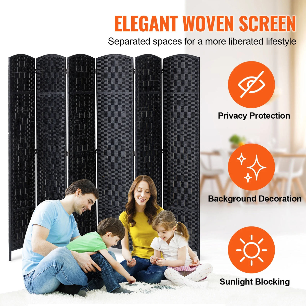 KFFKFF 6-Panel Room Separator, Crafted Folding Privacy Barriers with Connectors, Movable and Self-Supporting Space Dividers and Wall Separator for Space Delineation, Black