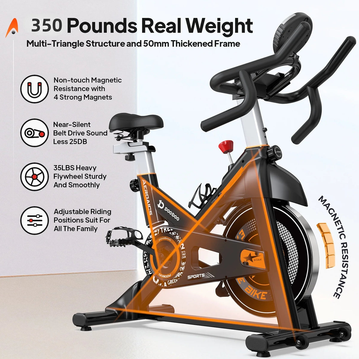 Pooboo Stationary Exercise Bike Indoor Cycling Bike Cycle Bicycle Adjustable Resistance for Home Office Cardio Workout Machine Max Weight 350 lbs