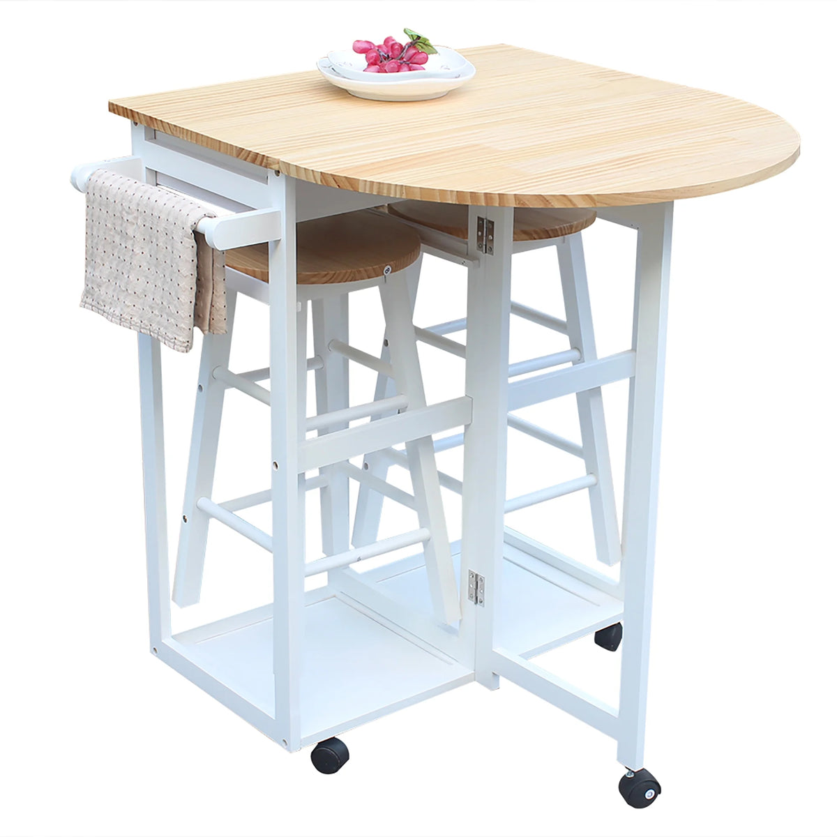 Moveable Kitchen Storage Cart With Wheels, Wire Rolling Cart Multifunction Utility Cart Kitchen Storage Cart on Wheels, Foldable With Metal Handle Semicircle Dining Cart With Round Stools White