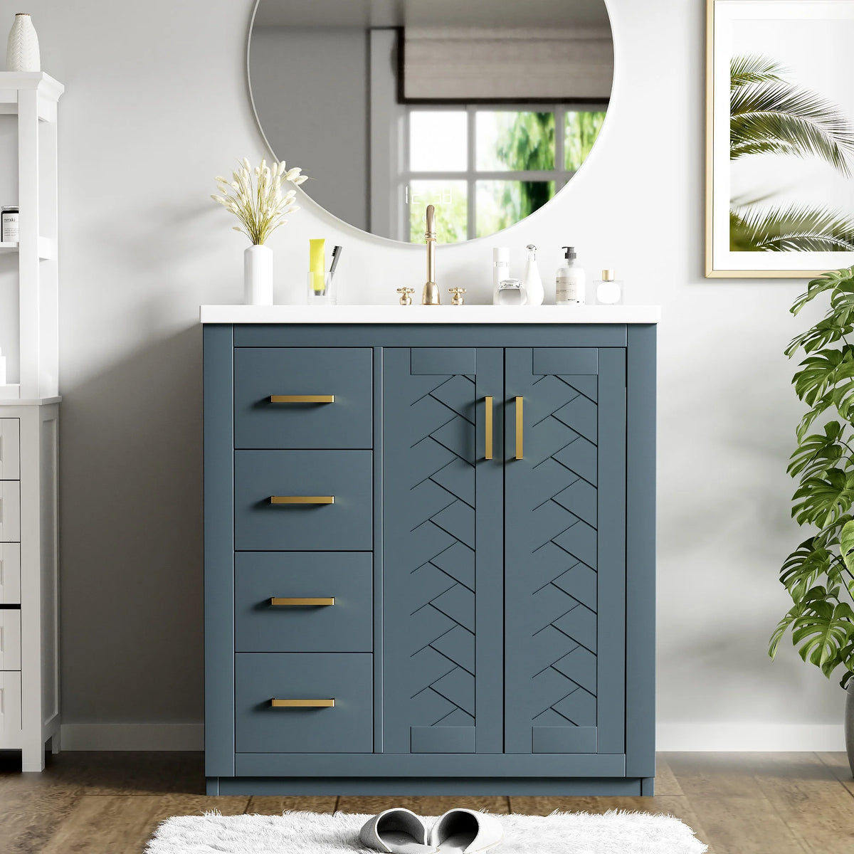 ENSHUI 30-Inch Bathroom Vanity with Ceramic Sink Combo, Solid Wood Frame, 4 Drawers, Soft Closing Doors, Green