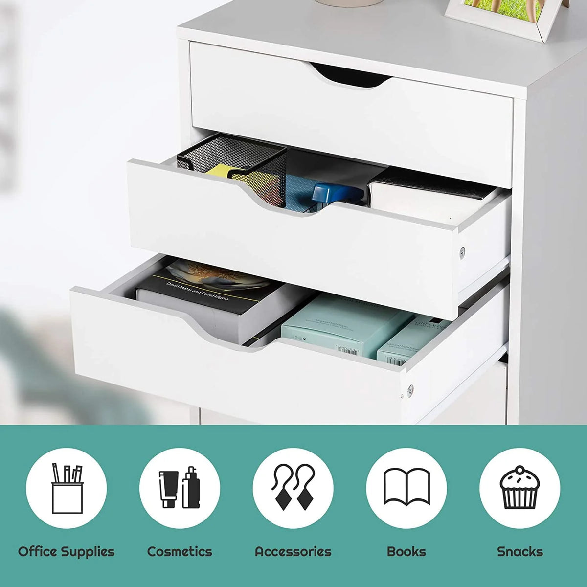 DWVO Wood File Cabinet Rolling Cart 5 Drawer Home Office Storage Organizer White