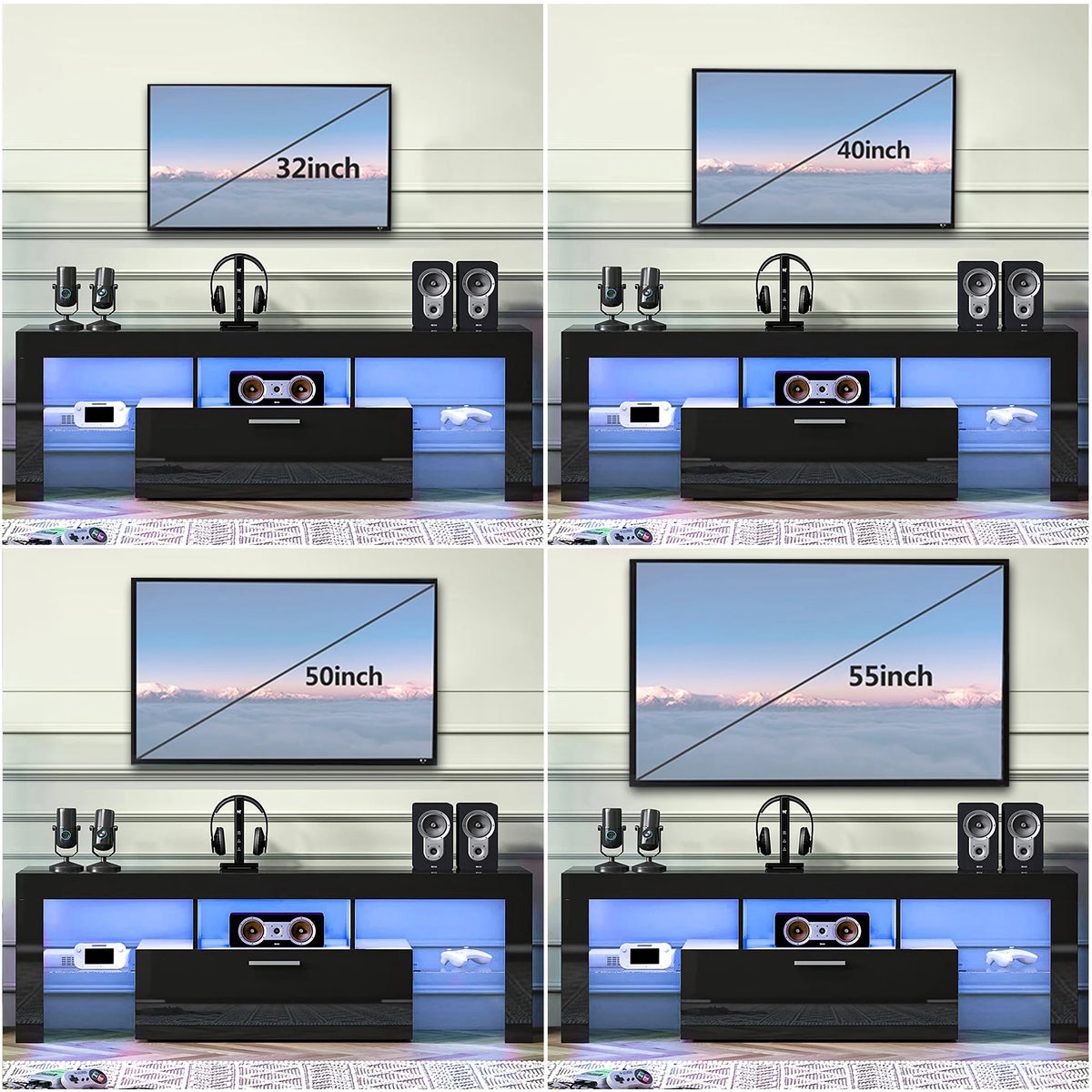UHOMEPRO TV Stand for TV up to 70", Living Room Entertainment Center with RGB LED Lights and Storage Shelves Furniture, White High Gloss TV Cabinet Console Table