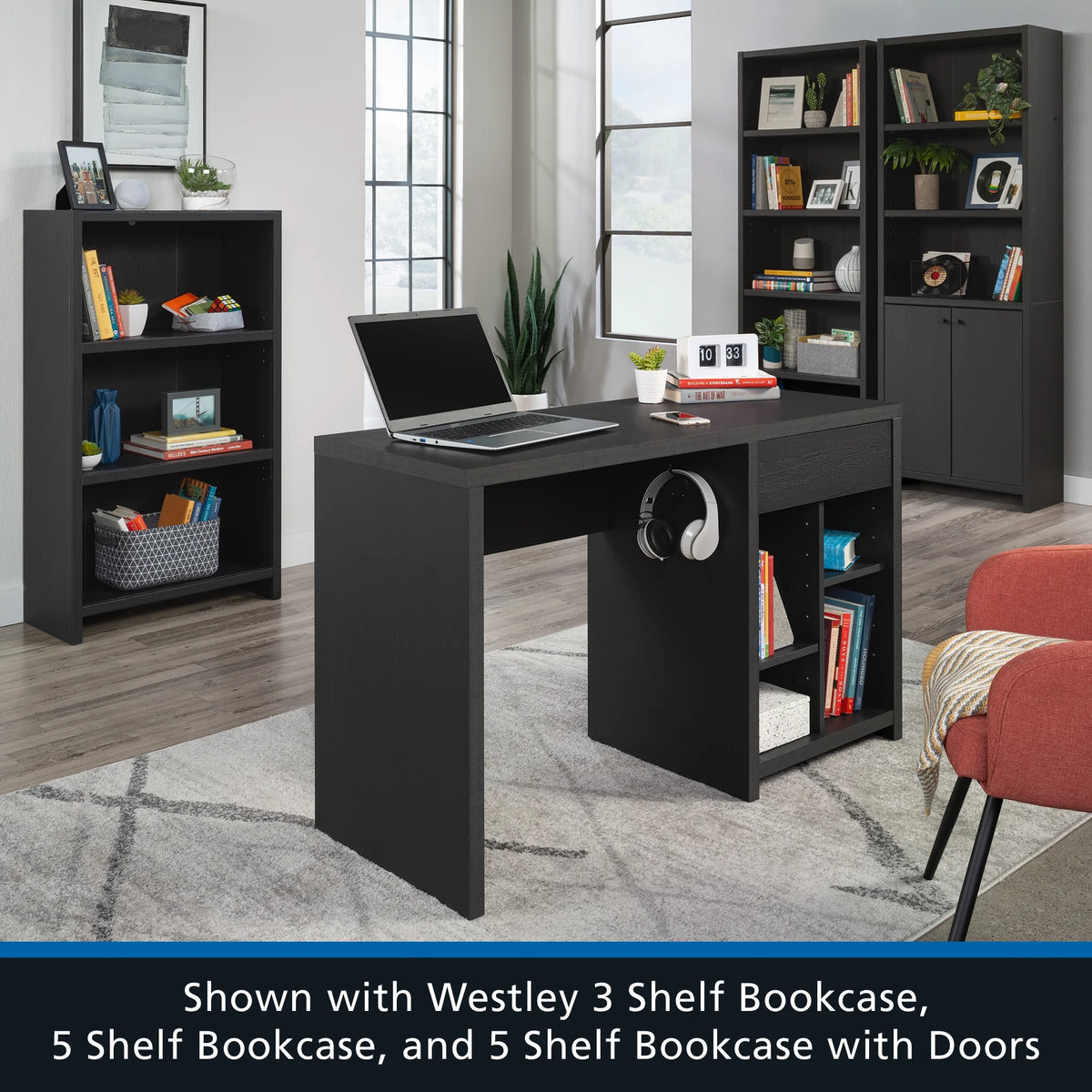 Mainstays Westley Adjustable Shelf Desk with Gaming Headphone Hook and Cable Management, Warm Walnut Finish