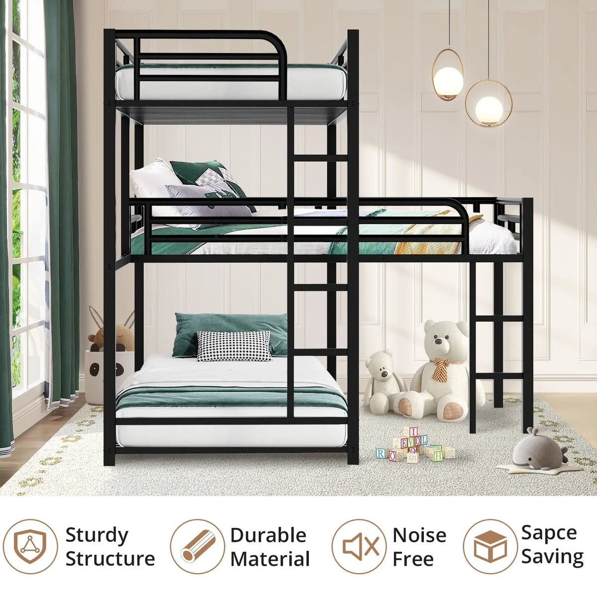 L-Shaped Triple Bunk Bed, Twin Size Metal Bunk Bed for 3 with Long and Short Ladders, Space-Saving Loft Bunk Bed with Full-Length Guardrails for Boys Girls, No Box Spring Needed, Noise Free, Black