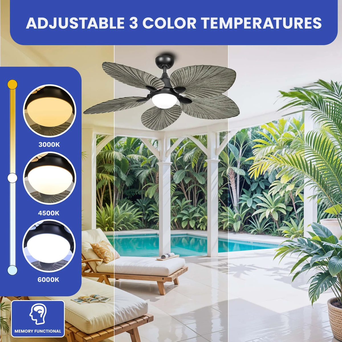 ModFusion 52" Gray Black Coastal Ceiling Fan with Palm Leaf Blades, LED Light & Remote �C Quiet Reversible DC Motor Indoor/Outdoor