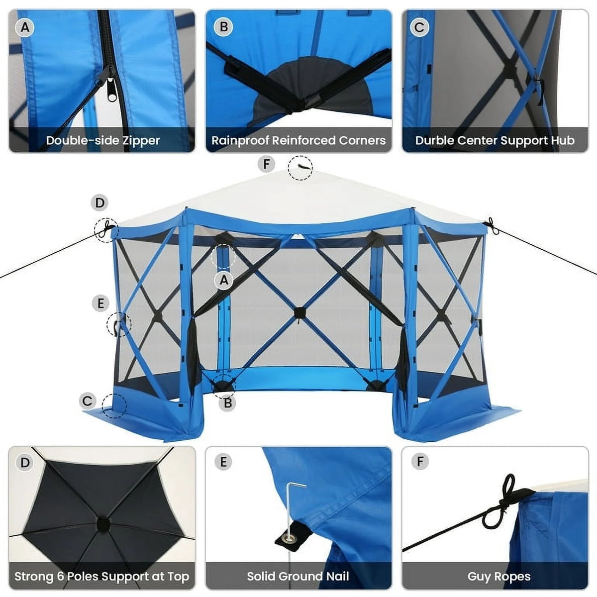SANOPY 12'x12' Gazebo Outdoor Pop up Gazebo Screen Tent with 6 Sides Mosquito Netting Camping Gazebo Instant Shelter Glamping Tent with Carry bag, Ground Spike, Gray