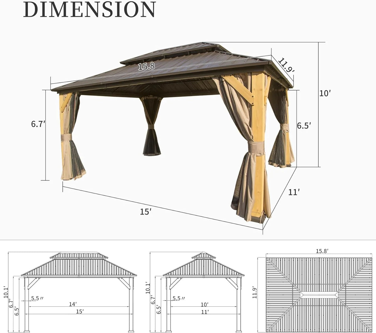 Domi 12x20 ft Wood Gazebo, Cedar Wood Frame Hardtop Gazebo with Galvanized Steel Double Roof, Outdoor Gazebo with Netting and Curtains, Patio Gazebo Pergola Pavilion for Patio, Backyard, Deck, Lawns