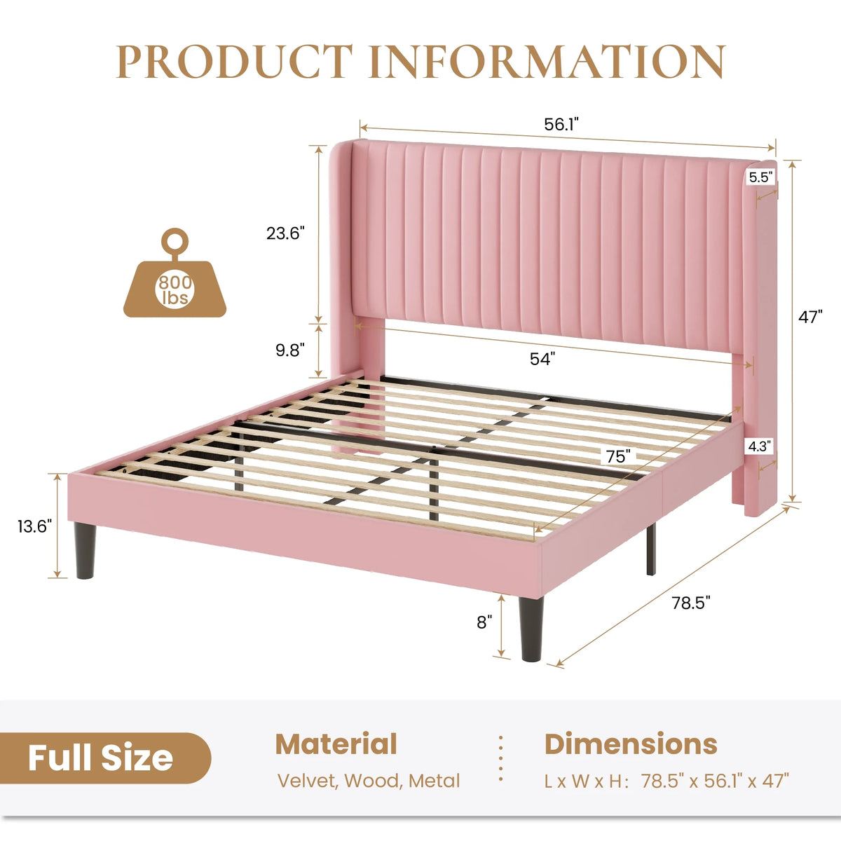 Sha Cerlin Queen Size Upholstered Platform Bed Frame with Velvet Channel Wingback Headboard, Off White
