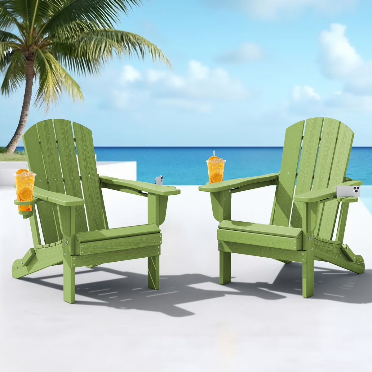 SERWALL Folding Adirondack Chair Set with Dual Cup Holders & Phone Holder, All-Weather HDPE Fire Pit Chairs for Outdoor, Patio, Poolside, Garden - Black