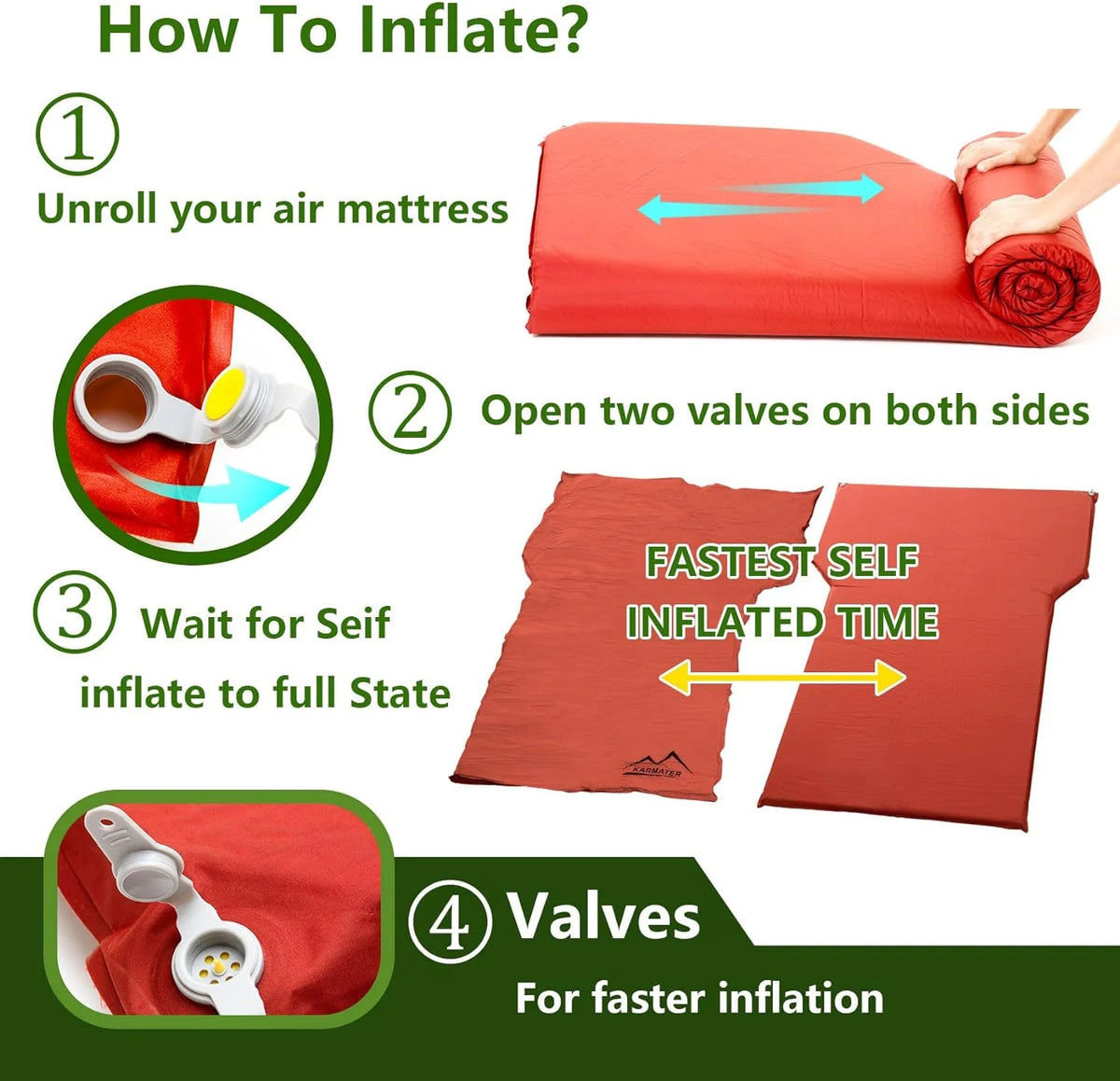 Self Inflating Camping Bed with Pillow �C Thick Memory Foam Car Pad, 9.0 R-Value for Hiking & Backpacking