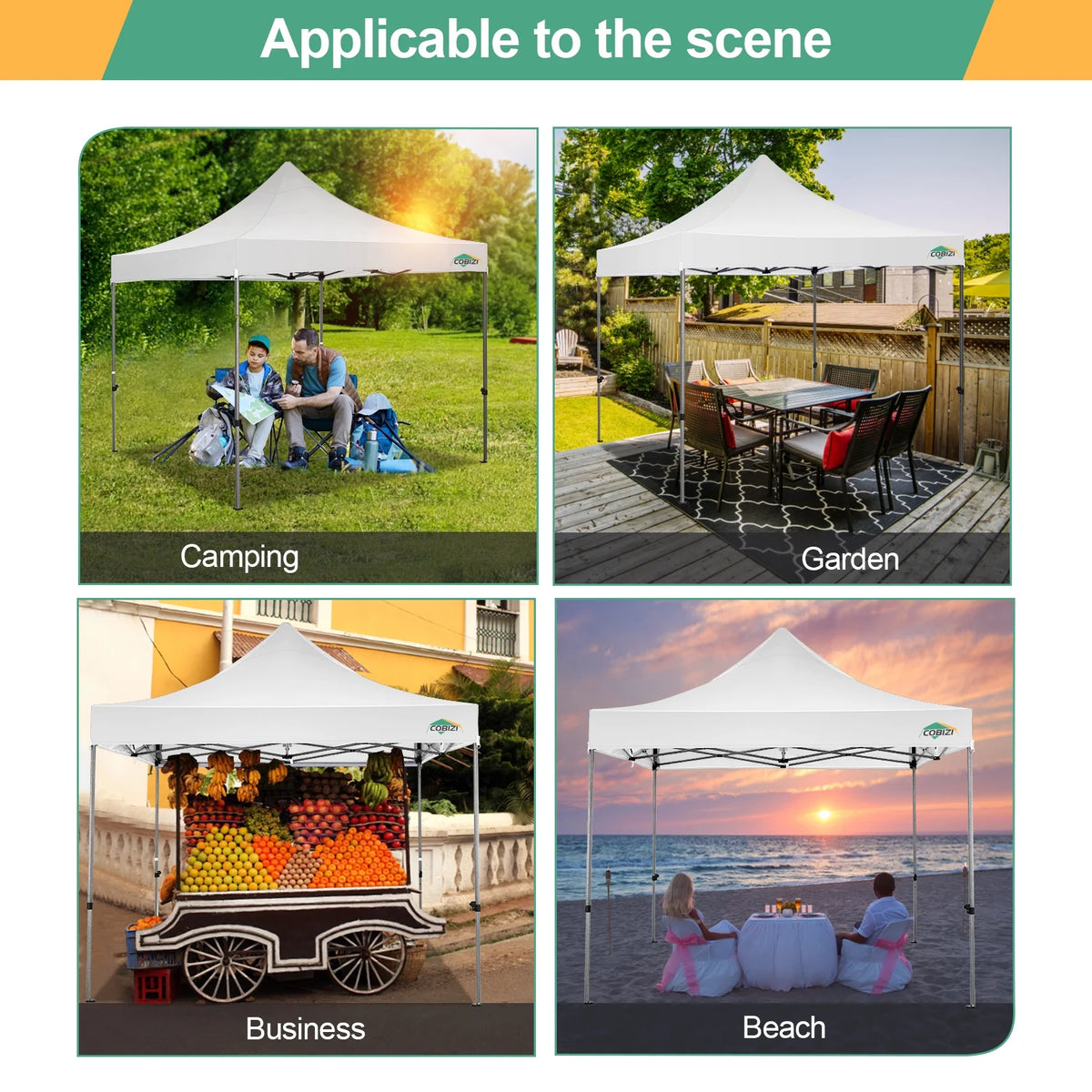 COBIZI 10x10 Heavy Duty Pop-up Canopy Tent for Outside, UPF 50+ Waterproof and Instant Outdoor Shelter, Outdoor Canopy for Beach,Party,Camping with Rope,Stake and Carrying Bag,White(Frame Thickened)