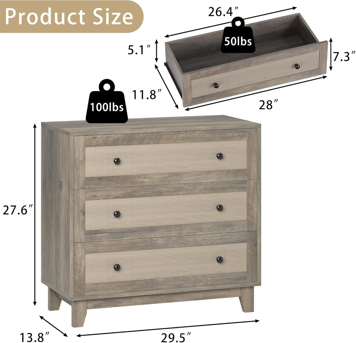 FANRAL 3 Drawer Dresser for Bedroom,Boho Small Natural Rattan Closet Dressers Chest of Drawers,Modern Wood Clothes Storage Organizer with Wooden Feet and Handles for Hallway,Living Room,Entryway