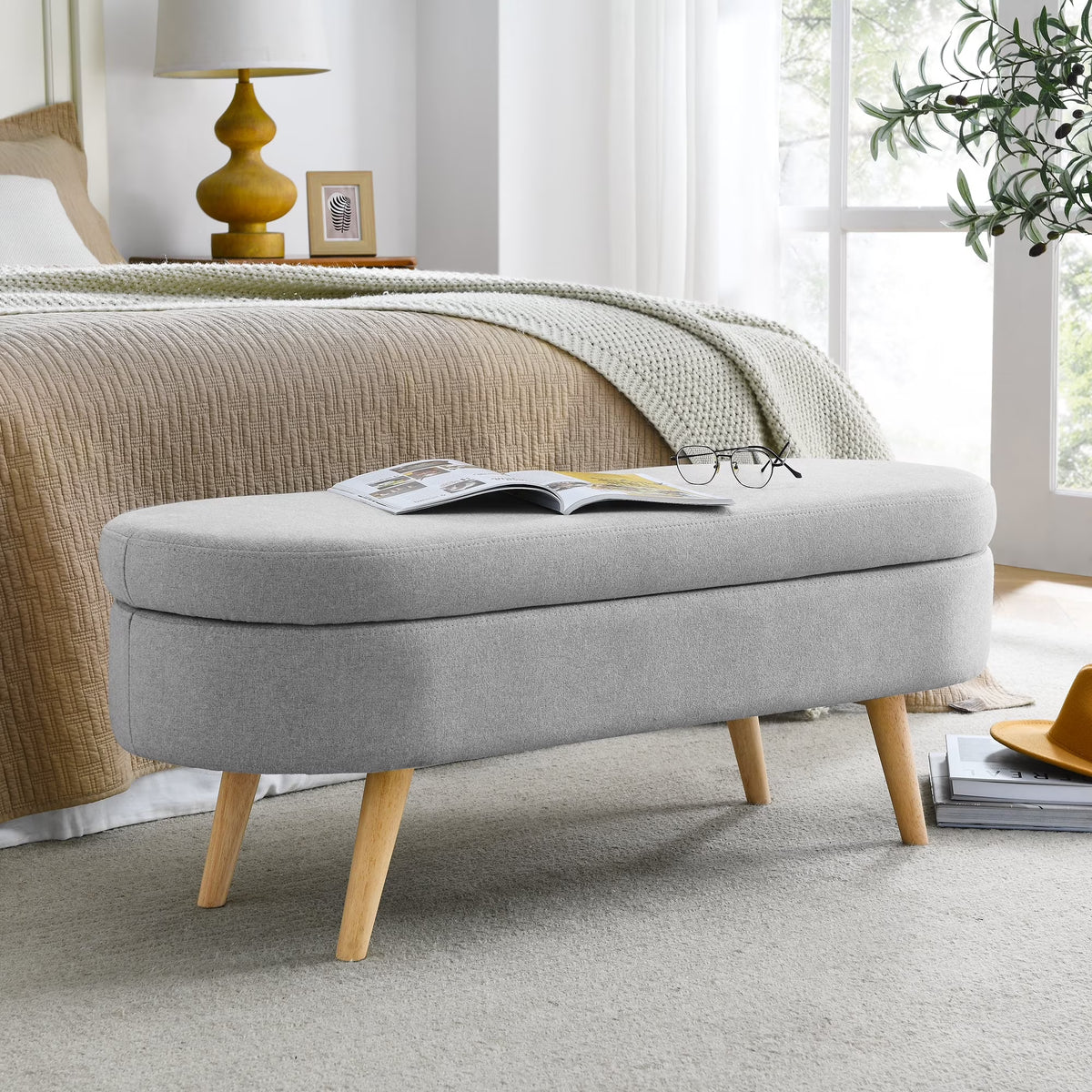 Furniliving Modern Upholstered Button Tufted Storage Ottoman Entryway Bench, Ivory