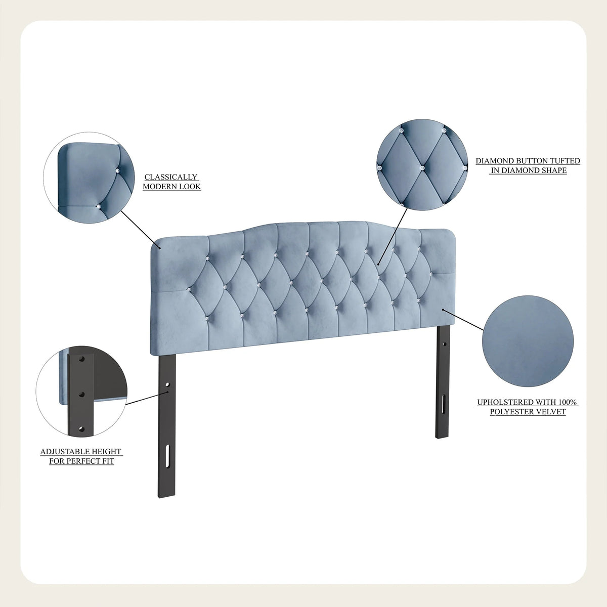 Castle Place Uphlostered Tufted Headboard, Silver Grey Velvet, King