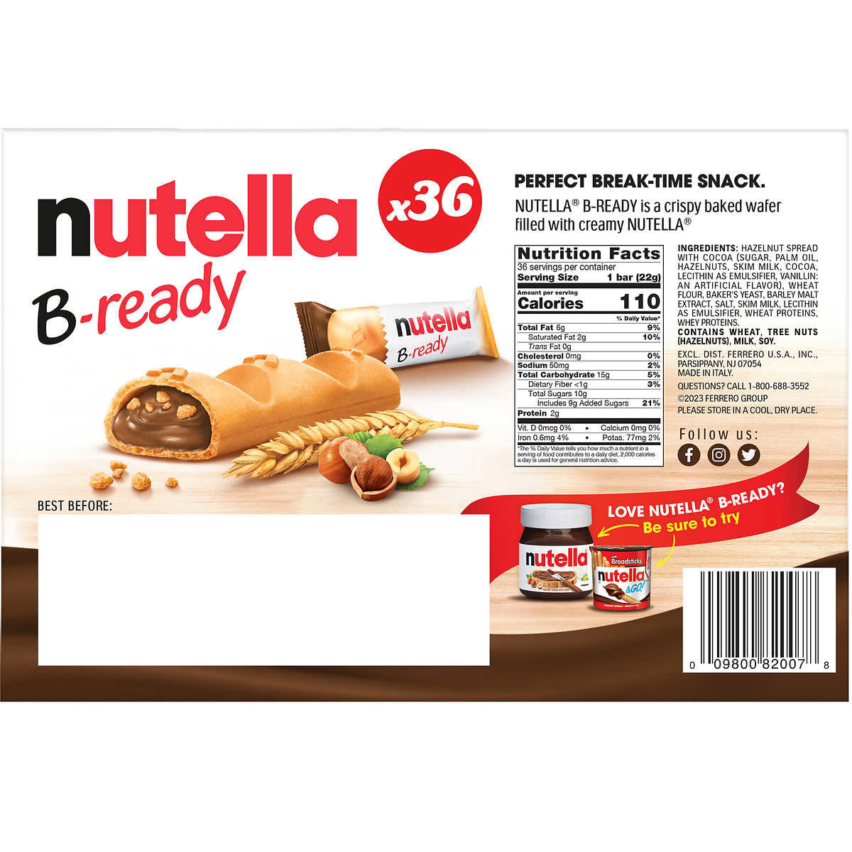 Nutella B-Ready Crispy Wafers Filled with Nutella, 0.7 oz, 36-count