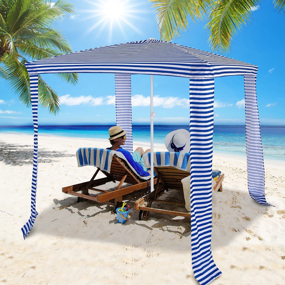Costway 6.6' x 6.6' Foldable Beach Cabana Easy-Setup Beach Canopy W/ Carry Bag Blue