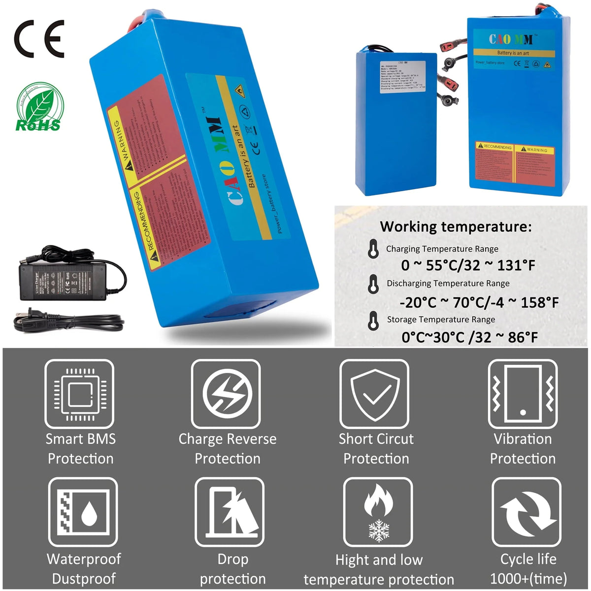 48V 8Ah Lithium Battery 30A BMS 48V Battery with Charger for 750W Electirc Tricycle Motor