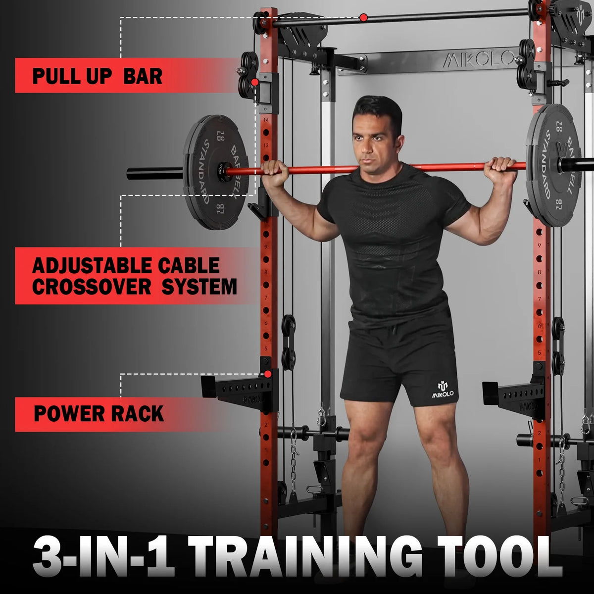 Mikolo Foldable Power Rack Cage,1000lbs Capacity Wall Mounted Squat Rack with independent pulley system, Space Saving Home Gym Equipment with 5 Adjustable Angle