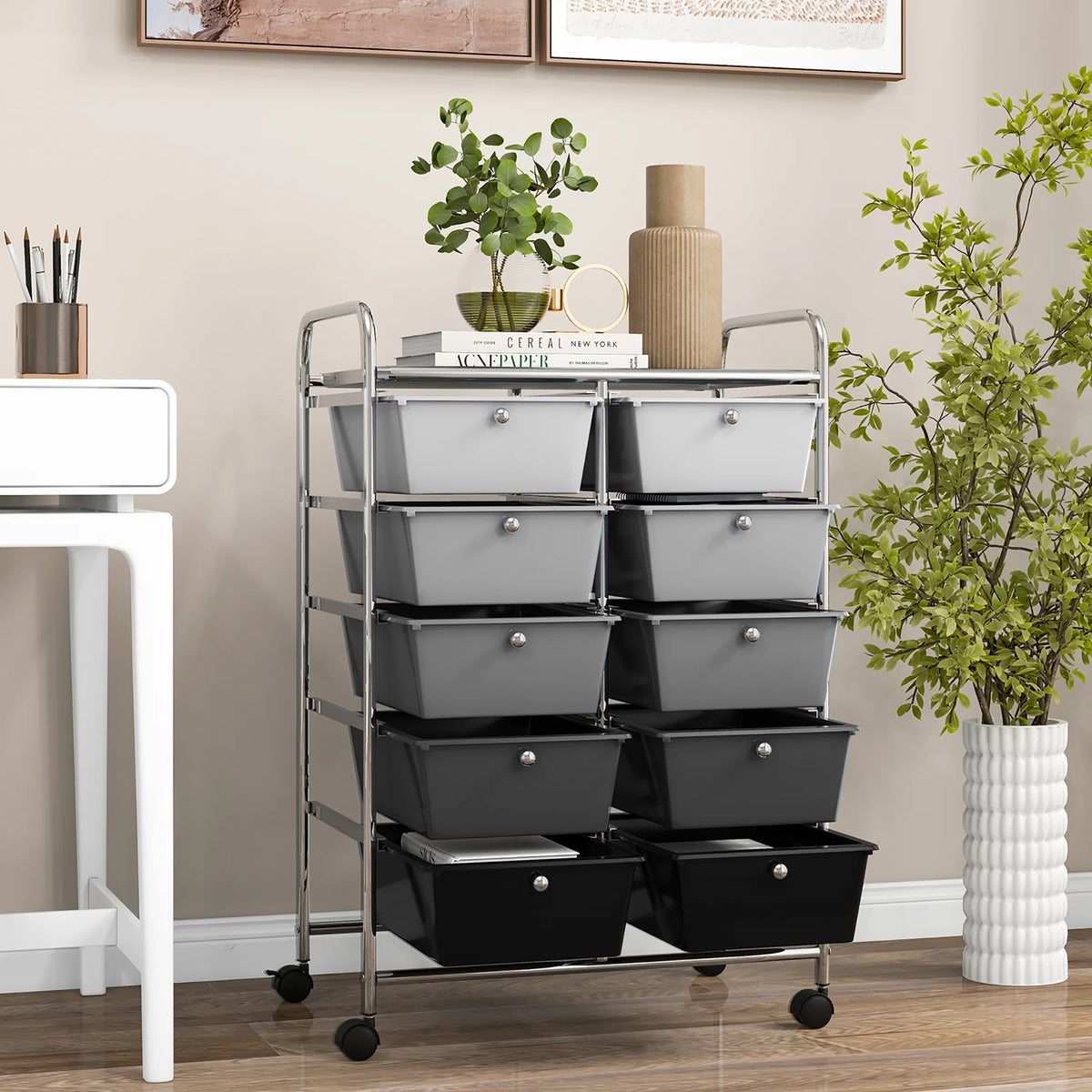 Gymax 10-Drawer Rolling Storage Cart Tools Scrapbook Paper Organizer on Wheels Black Gradient
