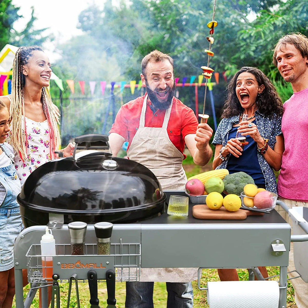 Grill Stand Cart for Weber Kettle 22" & 18" Charcoal Grills - Multifunctional Cooking Station